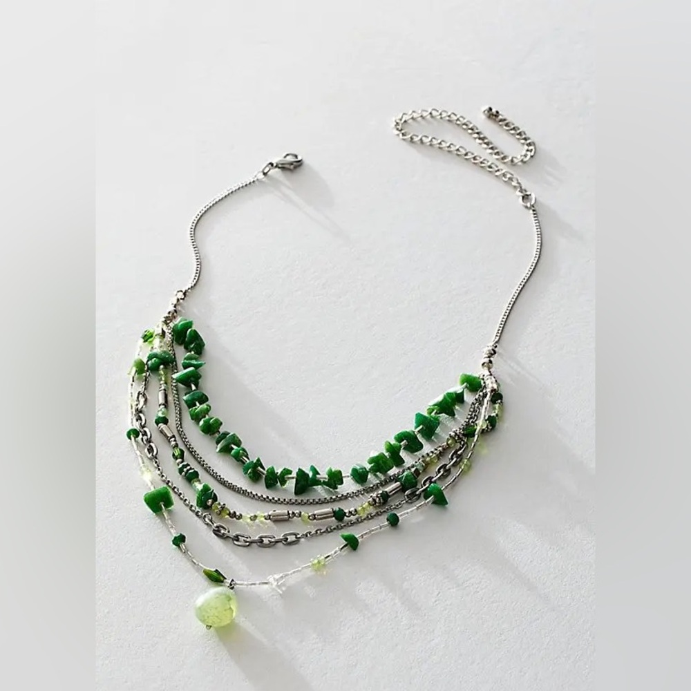 NWT Free People Aurelia Layered Necklace In Jade Green & Silver